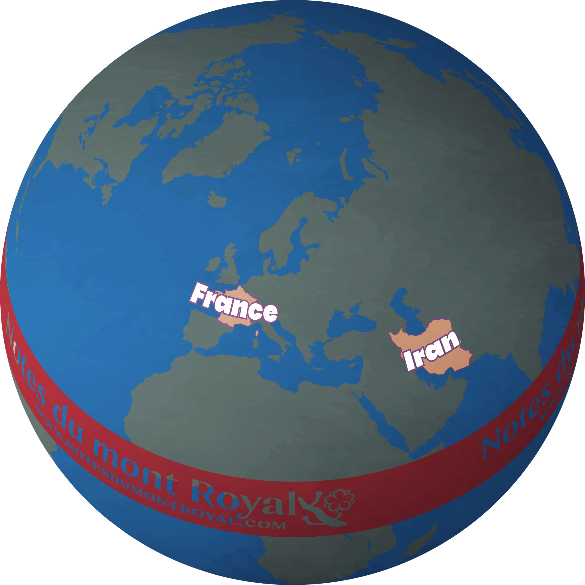Mappemonde mettant en évidence l’Iran et la France.