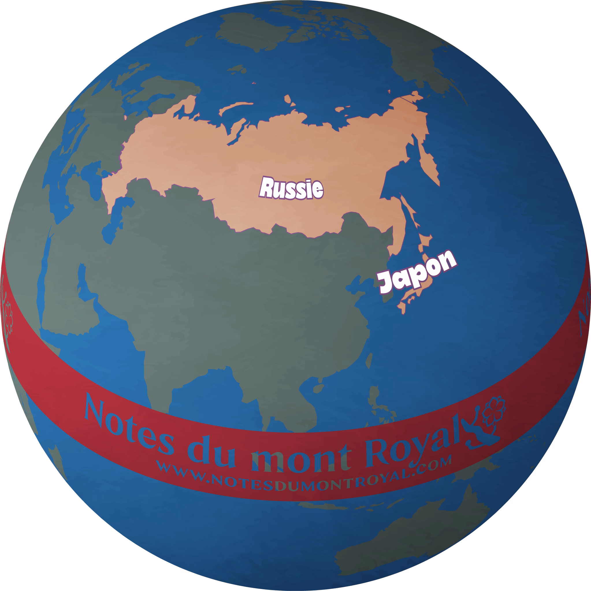 Mappemonde mettant en évidence le Japon et la Russie.