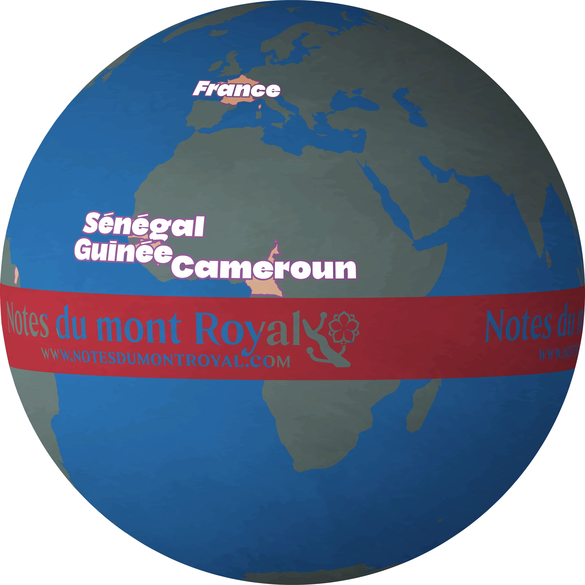 Mappemonde mettant en évidence le Sénégal, la France, le Cameroun et la Guinée.