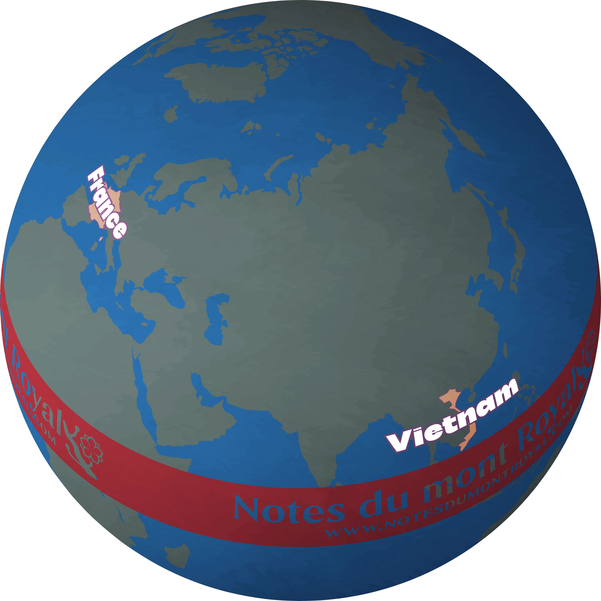 Mappemonde mettant en évidence le Vietnam et la France.